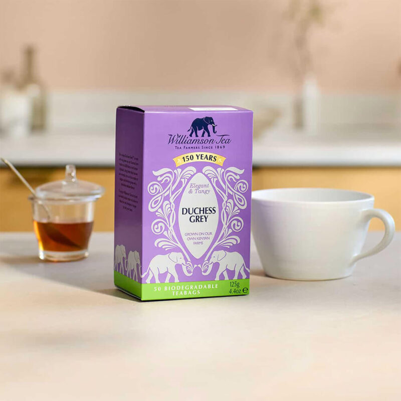 Williamson Duchess Grey Boxed Teabags on a kitchen counter