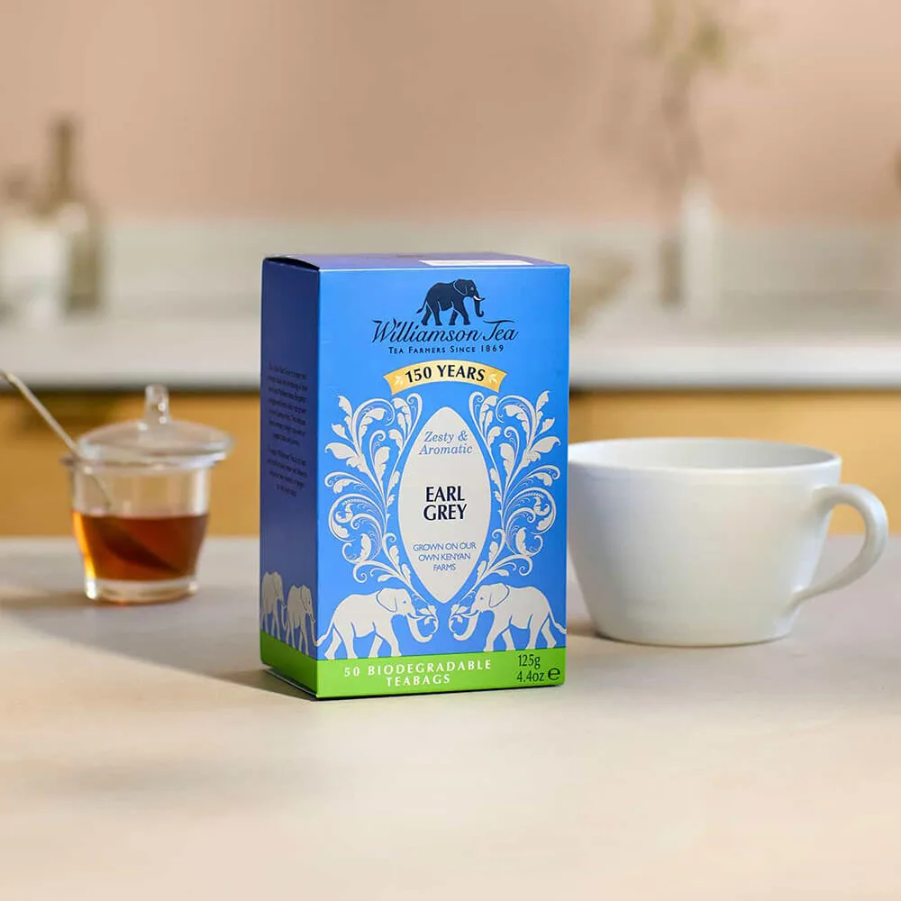 Williamson Earl Grey Boxed Teabags on a kitchen counter