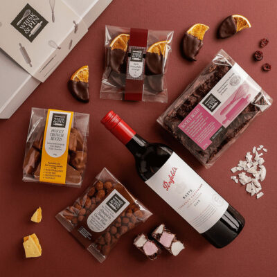 Red Wine & Chocolate Hamper, a luxury gift hamper from Whisk & Pin with honeycomb, rocky road and Penfolds wine