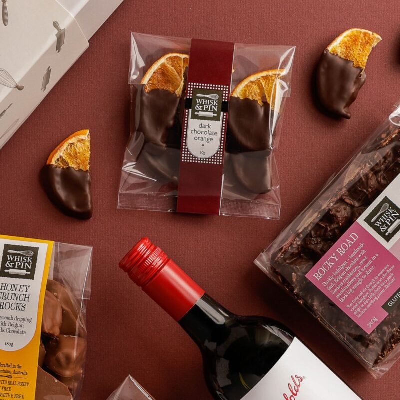 Close up of Red Wine & Chocolate luxury gift hamper from Whisk & Pin