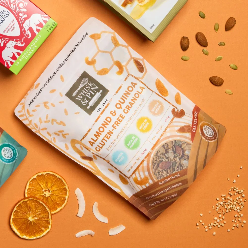 Close up of Gluten Free Breakfast luxury gift hamper from Whisk & Pin