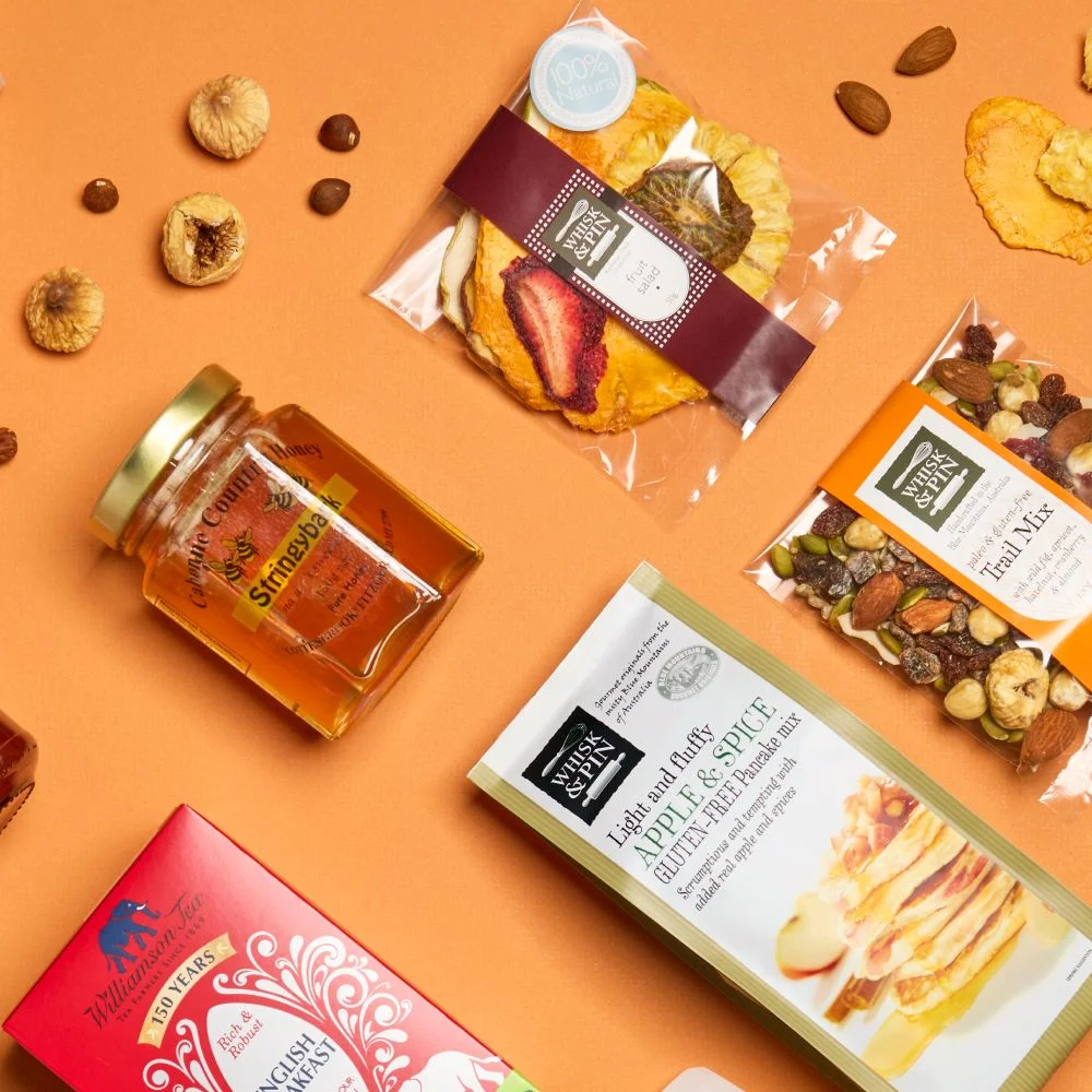 Close up of Gluten Free Breakfast luxury gift hamper from Whisk & Pin
