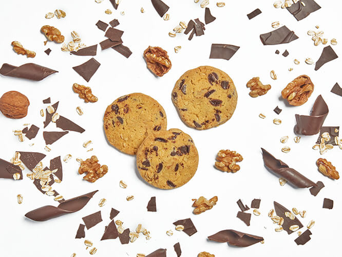 Chocolate Chip Cookies surrounded by Belgian dark chocolate, walnuts and rolled oats.