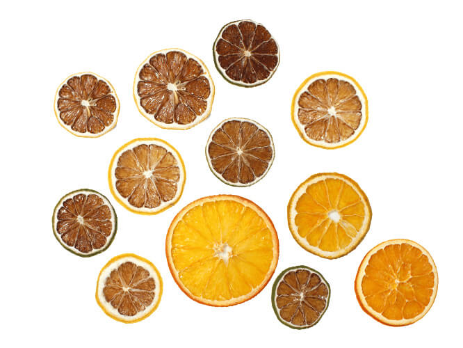 Dried citrus slices including orange, lime and lemon.