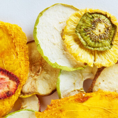 Dried Australian tropical fruits including pineapple, apple, pear, strawberry, kiwi fruit and mango.