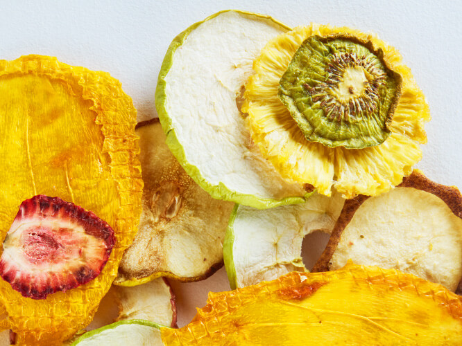 Dried Australian tropical fruits including pineapple, apple, pear, strawberry, kiwi fruit and mango.